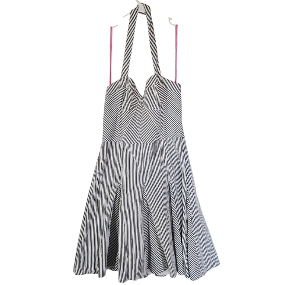 7296 * Betsey Johnson Seersucker Halter Mini Dress Blue White Size 8
